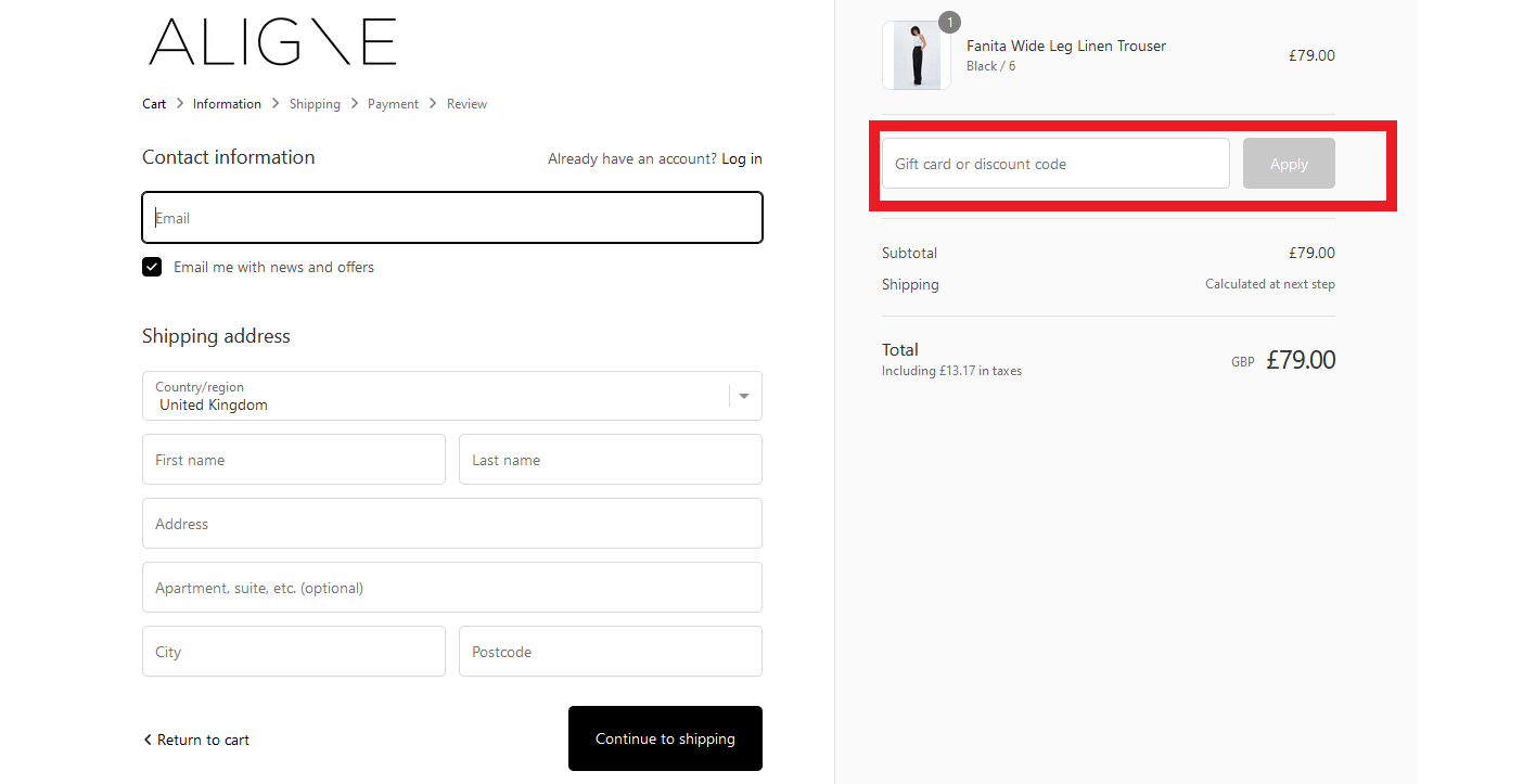 Aligne checkout page with the 'Enter discount code' box, marked in red when a customer needs to enter a discount code.